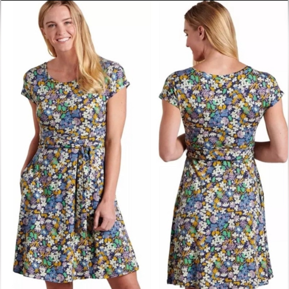 Toad & Co Blue Knit Floral Knee Length Tie Waist Rosemarie Dress Size Large